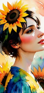 Watercolor portrait of a woman with sunflowers, vibrant and artistic design.