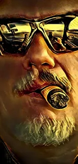 Artistic portrait with sunglasses and a cigar, featuring a bold, colorful design.