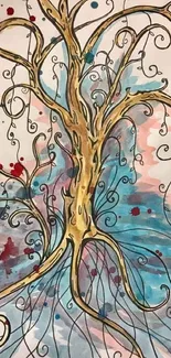 Artistic wallpaper with a vibrant swirl tree design in watercolor.