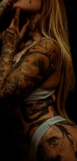 Woman's body with detailed artistic tattoos on a dark background.