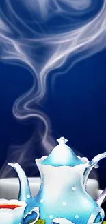 Artistic teapot with swirling smoke on blue background.