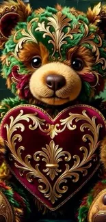 Artistic teddy bear with ornate heart design in rich colors.