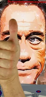 Artistic wallpaper with a thumbs-up hand and a stylized face.