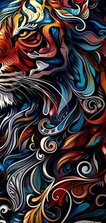 Artistic tiger illustration with vibrant swirling patterns.