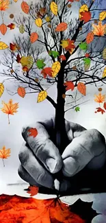 Artistic mobile wallpaper of tree with vibrant autumn leaves.