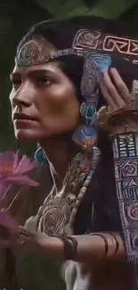 Artistic portrayal of a tribal woman with vibrant colors and cultural patterns.