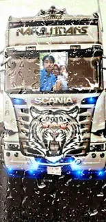 Artistic truck with tiger design in rain.