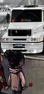 Children admire a Mercedes truck in artistic illustration.