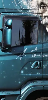 Artistic truck wallpaper with Einstein's portrait and turquoise hues.