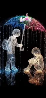 Luminous figures under a colorful umbrella art.