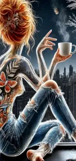 Tattooed woman enjoys coffee with urban skyline backdrop.