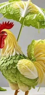 Colorful rooster made of vegetables under a leafy canopy.