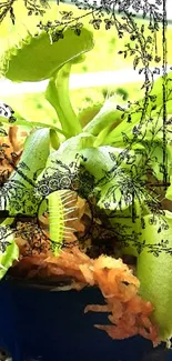 Venus flytrap wallpaper with artistic design and green foliage.