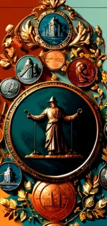 Vintage-themed wallpaper with teal and orange decorative elements and central statue.