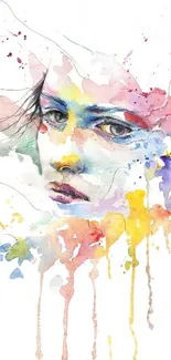 Watercolor face portrait with vibrant colors and abstract design.