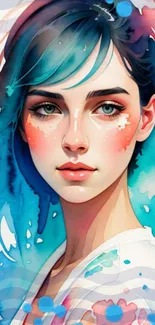 Artistic watercolor illustration of a blue-haired girl with a vibrant background.