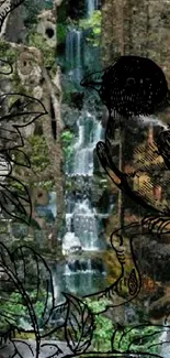 Hand-drawn bird with waterfall background art.