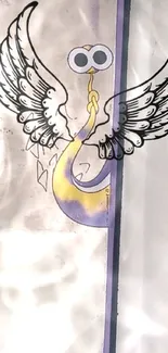 Artistic winged abstract design in purple and yellow.