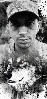 Artistic blend of man's face and wolf in black and white.