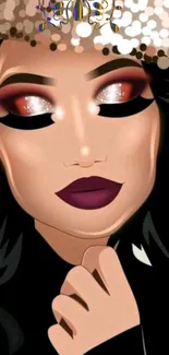 Illustration of a stylized woman with dramatic eye makeup and bold colors.