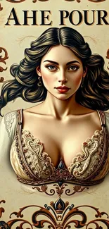 Artistic illustration of a woman with flowing hair and decorative frame.