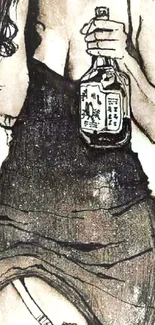 Illustration of a woman in a black dress holding a bottle, in a monochrome style.