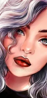 Artistic woman portrait wallpaper with silver hair and vibrant red lips.