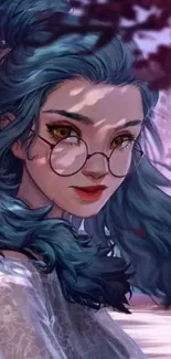 Artistic woman with blue hair and glasses wallpaper.