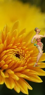 Yellow daisy with retro pin-up art on a vibrant wallpaper.