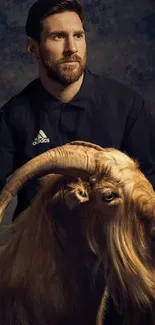 Stylish portrait of a man with a majestic goat on a dark background.