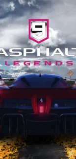 Red sports car in Asphalt Legends with cloudy sky background.