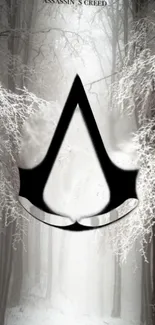 Assassin's Creed logo in a snowy forest.