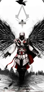 Assassin angel with black wings and hooded figure.