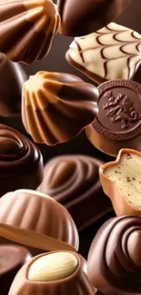 Assorted chocolates in various shapes and designs on a dark background.