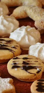Assorted cookies with chocolate drizzle on a rustic background.