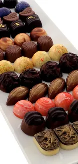Colorful assortment of gourmet chocolates on a white tray.