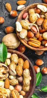 Assorted nuts with green leaves on dark textured background wallpaper.