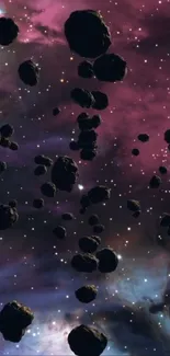 Asteroid belt in a vibrant purple nebula space scene on a mobile wallpaper.