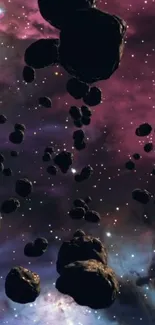 Mobile wallpaper of asteroids in a galaxy with vibrant purple hues.