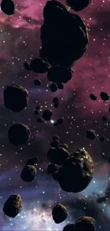 Asteroid field drifting through a purple cosmic sky.