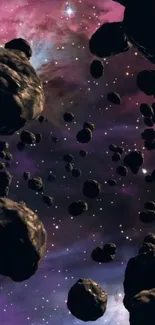 Asteroids drifting in a vibrant purple nebula space scene.