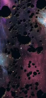 Asteroid field in vibrant galaxy background.