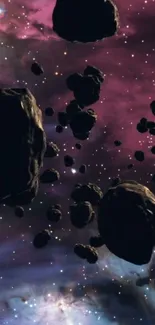 Asteroids floating in a colorful galaxy with a nebula background.