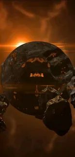 Dark orange asteroid in space with fiery background.