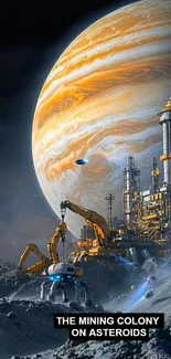 Futuristic asteroid mining colony under a vibrant planetary sky.