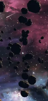 Asteroid field with vibrant purple nebula background.