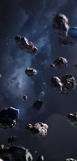 Asteroids floating in deep space with a galaxy background.