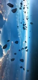 Asteroids floating over Earth in space.