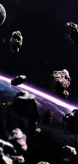 Asteroids floating in deep space over Earth with planets visible.