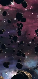 Asteroids floating against a purple nebula cosmic scene.